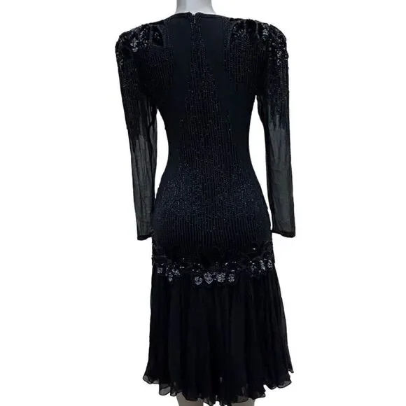 Vintage Black Tie He-Ro Evening Dress 8 Black Sequined Beaded Silk Drop Waist